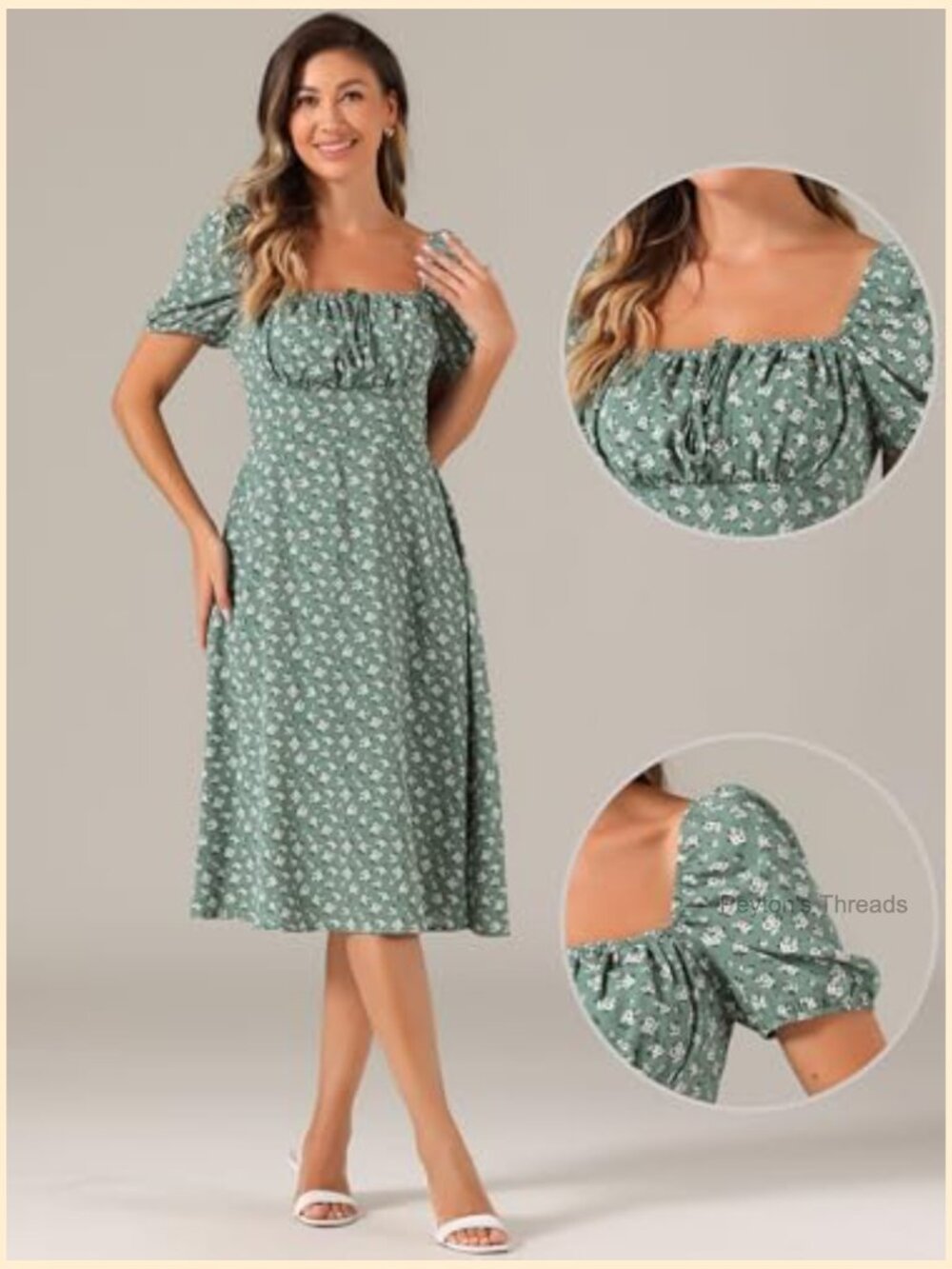Floral Puff Sleeve Square Neck Milkmaid Smocked Midi Dress - Picture 4 of 5